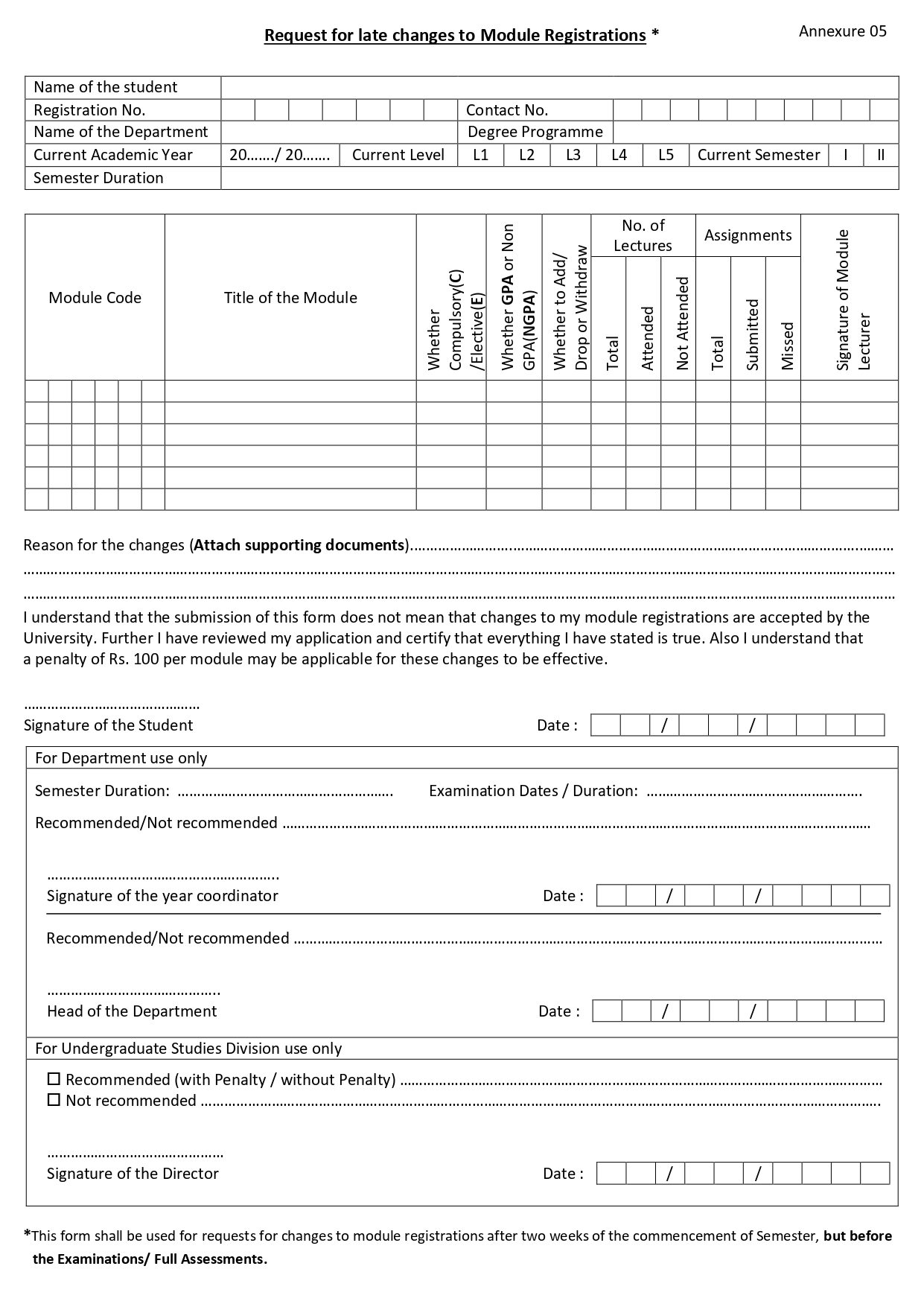 Application - Late Changes for Module/s Registration