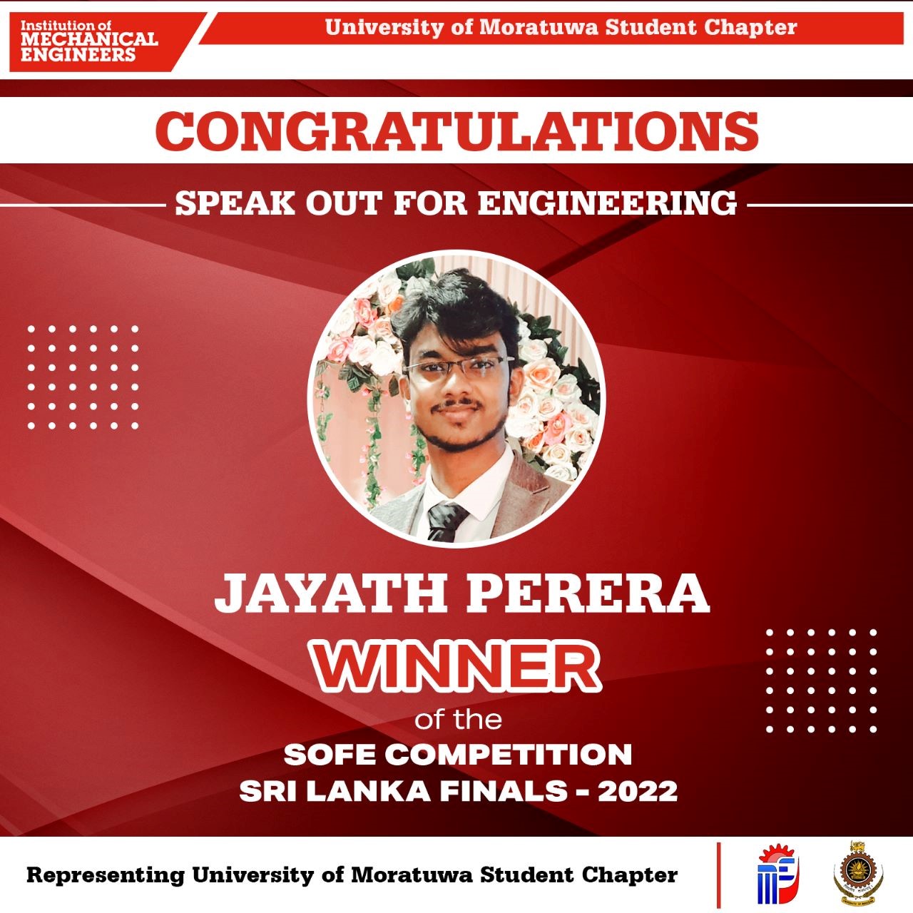 Jayath Perera becomes Sri Lanka Champion and Southern Asia Region Runner Up in IMechE SOFE Competition 2022