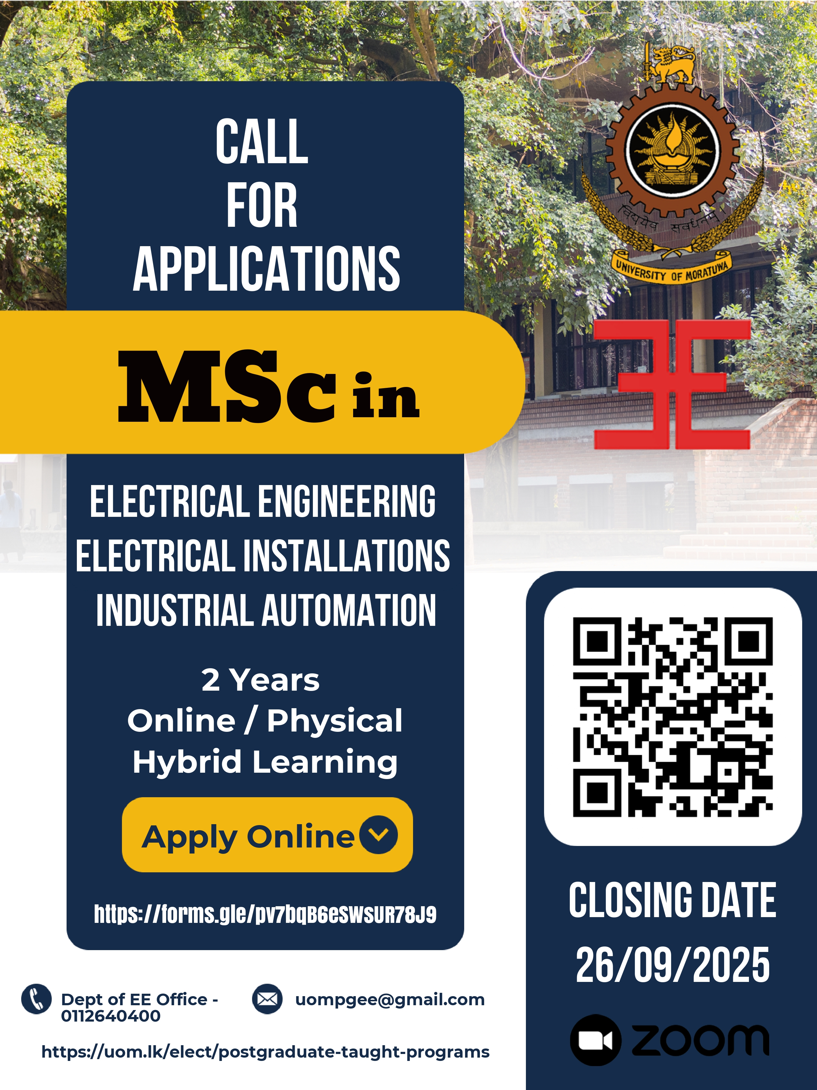 MSc in Electrical Engineering/Electrical Installations/Industrial Automation, PGC in Industrial Automation