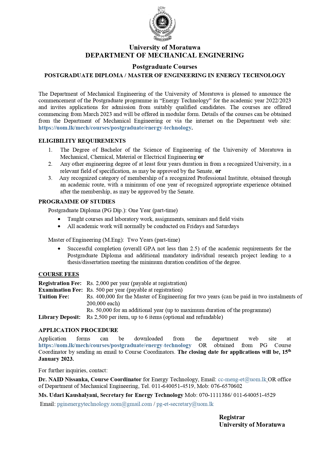 M.Eng/ PG Diploma in Energy Technology 2022/2023