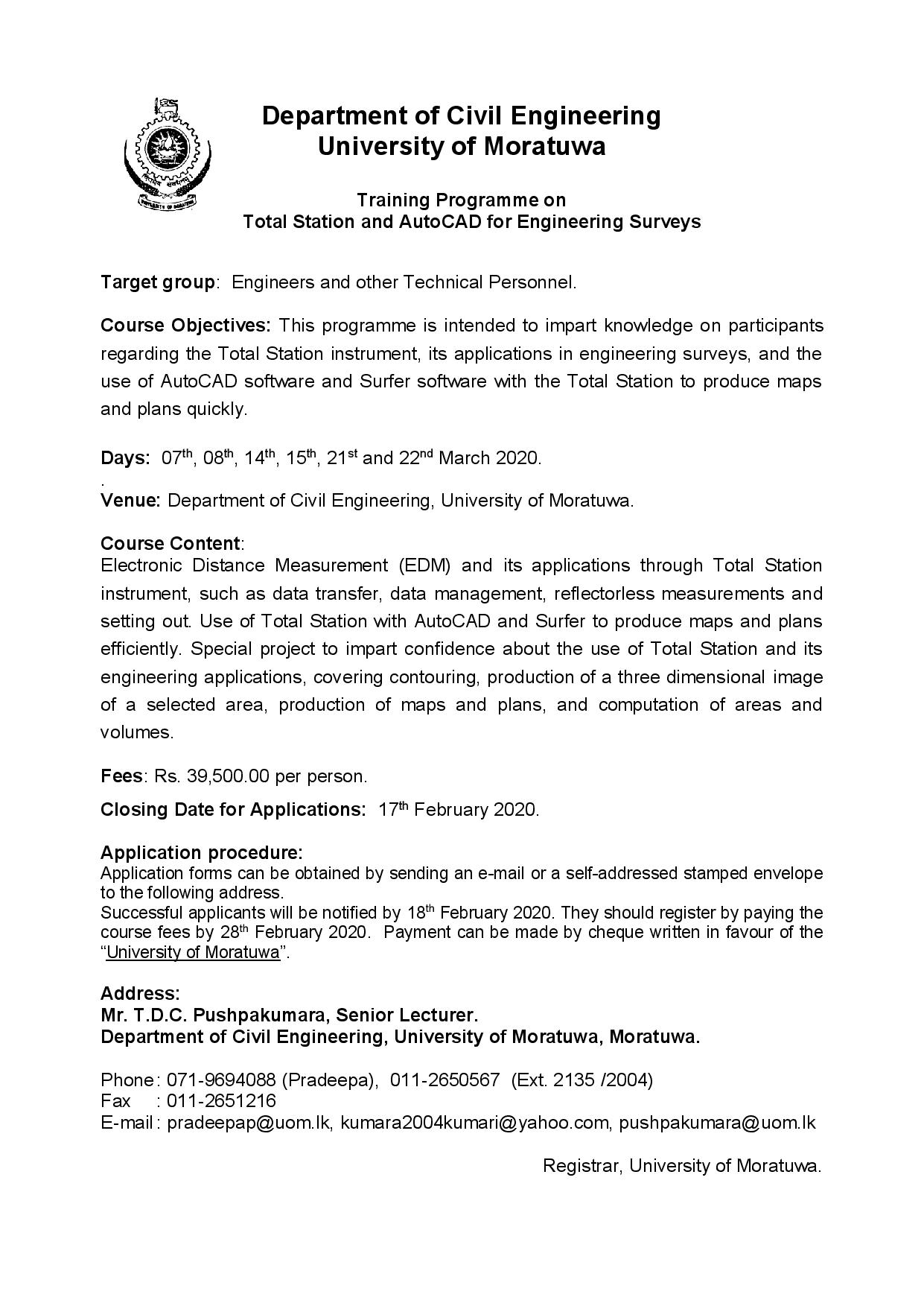 Training Programme on Total Station and AutoCAD for Engineering Surveys