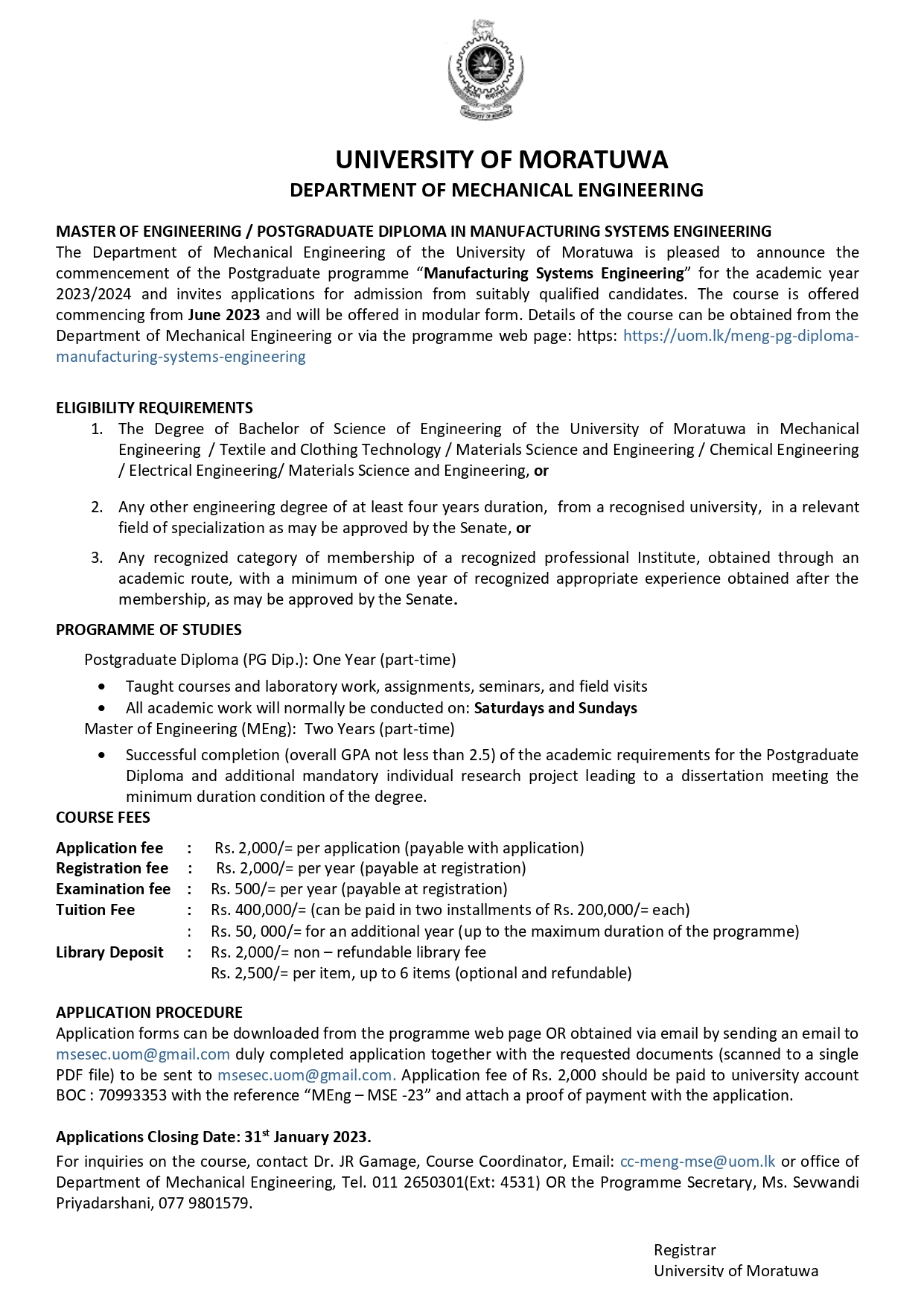 M.Eng/ PG Diploma In Manufacturing Systems Engineering 2023/2024