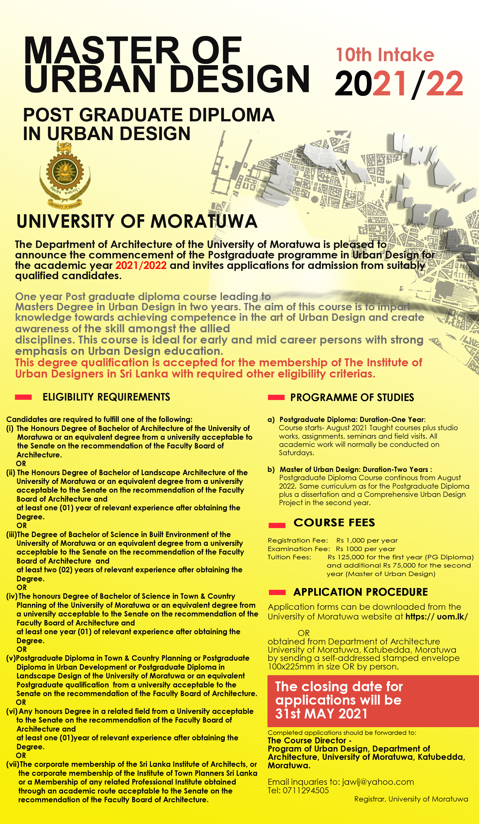 MSc /PG Diploma in Urban Design