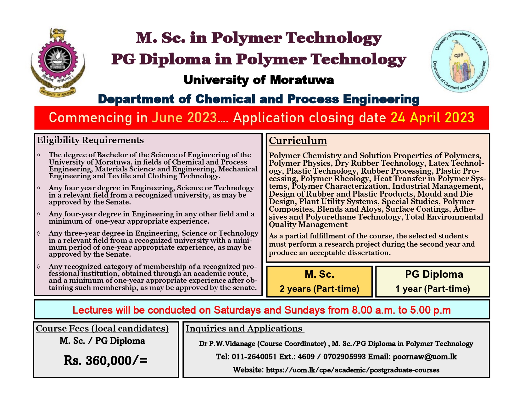 MSc/PG Diploma in Polymer Technology