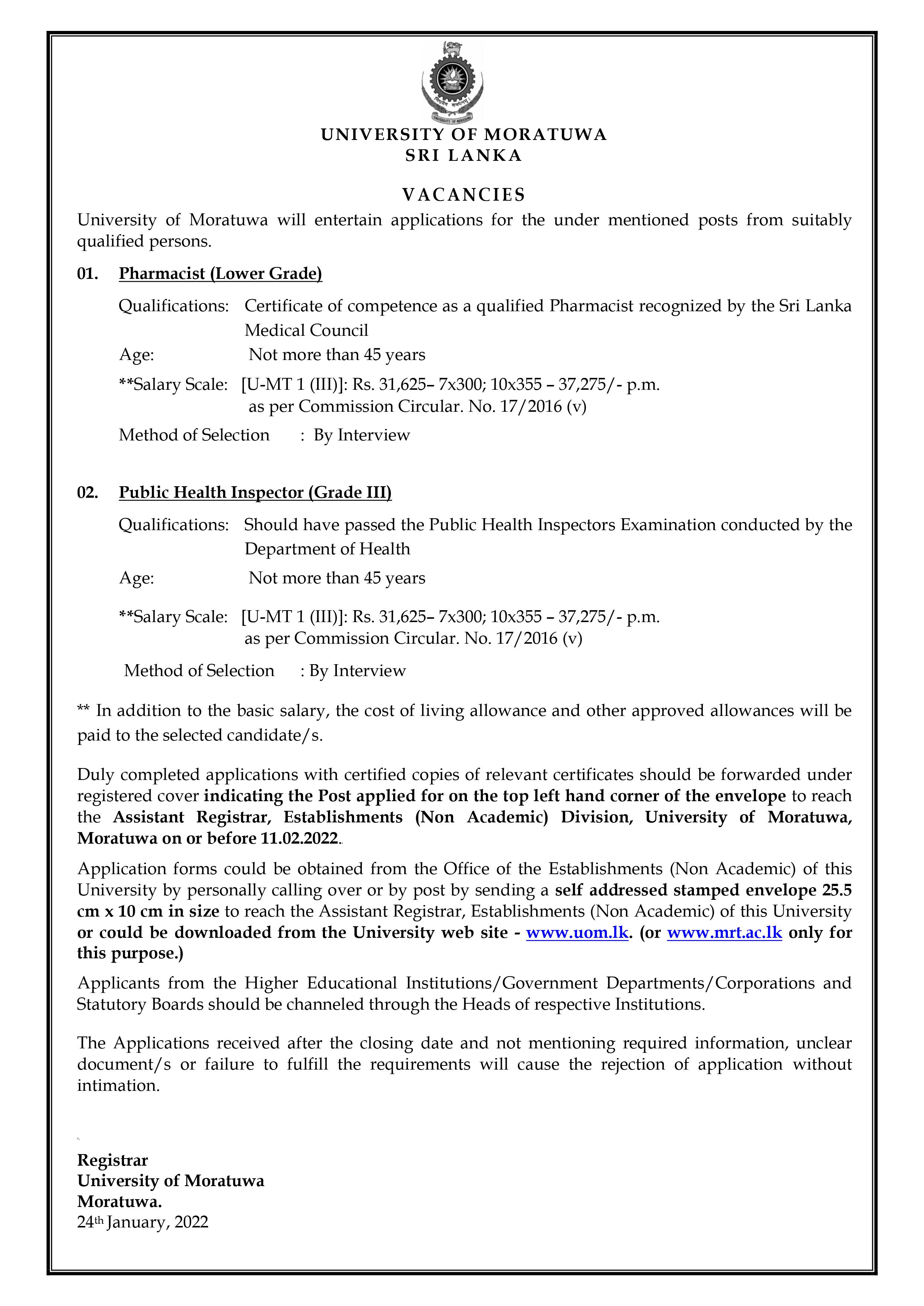 Post of Pharmacist and Post of Public Health Inspector