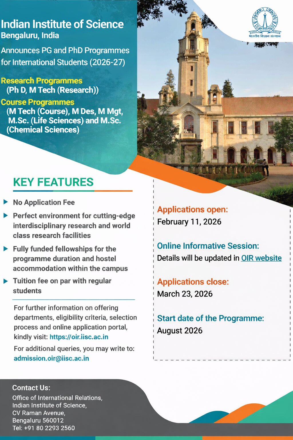 Indian Institute of Science Opens PG & PhD Opportunities for International Students (2026–27)